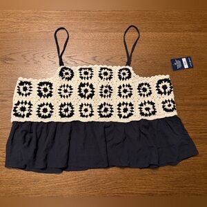 NWT Lucky Brand Black and Beige Crochet Babydoll Tank Top Size M